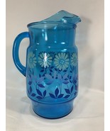 Vintage Colorful Blue Floral Art Glass 10&quot; Pitcher - Flowers A Bloom Lem... - €37,86 EUR