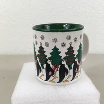 Penguin Christmas Mug Coffee Cup Green Tree Snowflakes Presents Marching... - $18.80
