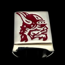 Sterling silver men&#39;s ring Viking Chief with Horned Helmet in Red enamel high po - £104.48 GBP