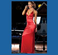 Long Black, Gold or Red Satin Halter Gown Ruched Bustline & Rhinestones Straps image 3