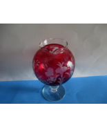 VTG. CRANBERRY GLASS COMPOTE W/FOOT 8&quot; EUC FROSTED  FLORAL DESIGN RUFFLE... - $16.96 CAD