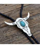 Cow Skull With Genuine Turquoise Cabochon Bolo Tie - Four Bolo Tip Options - $14.00