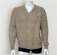 Tasso Elba Cable Knit Sweater Mens L Wheat 100% Cotton V Neck Heavy Pull... - $23.98