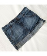 Y2K Jean Skirt Cuffed Vtg JR 7 Mini Low Rise Mid Blue Denim Distressed S... - $22.72