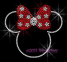 Minnie with RED Polka Dot Bow - Iron on Rhinestone Transfer Bling Hot Fix Mouse  - £5.49 GBP
