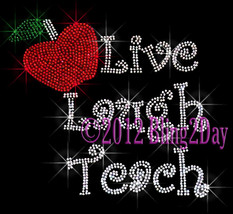 Live Laugh Teach with Red Apple - Iron on Rhinestone Transfer Bling Hot Fix -DIY - £7.06 GBP