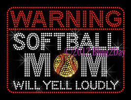 WARNING Softball Mom - Iron on Rhinestone Transfer Hot Fix Bling Sports Mom - $9.99
