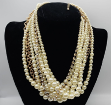 Multi Strand Faux Pearl, Rhinestone And Gold Tone Chain Fashion Necklace - 20" - $24.18