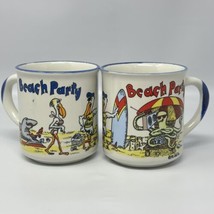 Vintage McArt Co Beach Party Cartoon Coffee Mugs Retro Pelicans Shark Octopus - £22.27 GBP