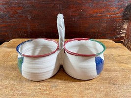 Art Pottery Double Condiment Attached Bowls with Handle Red Green Blue Leaf  - £19.02 GBP
