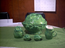 Vtg Holland Mold Ceramic Cabbage Bowl w/Lid, Creamer &amp; Sugar, S&amp;P Shakers 7pcs - £31.45 GBP