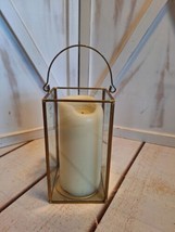 Gold Metal/Glass Square Pillar Candle Lantern with Thin Metal Handle 6.5&quot;H - £14.24 GBP