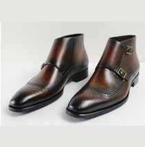 Handmade Monk Style dark Brown Color Brogue Men Leather Boots - £118.86 GBP