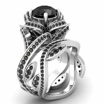 Lotus Wedding Ring Set 3.40Ct Round Black Moissanite White Gold Plated Size 9.5 - £130.92 GBP