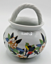 Vintage Floral &amp; Bird Design on White Ceramic Basket with Twisted Handle - $12.86