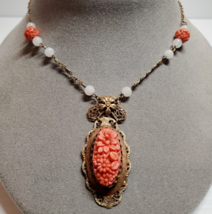 VTG Deco 1930s Czechoslovakia Peach Pink Molded Coral Glass Brass 16&quot; Necklace - £66.21 GBP