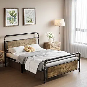 Queen Metal Bed Frame With Wood Headboard &amp; Footboard, Heavy Duty Platfo... - $296.99