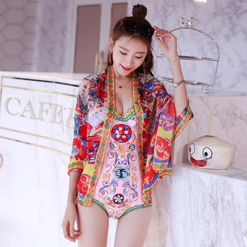 Le one piece swimwear women floral print swimsuit monani push up with cover ups bathing thumb200