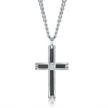 Polished Stainless Steel and Black Wire Cross Pendant Biker Curb Chain Necklace - £41.60 GBP