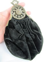 Vintage BLACK VELVET CLUTCH evening bag BRASS CLASP + MIRROR + CHANGE PURSE - £39.45 GBP