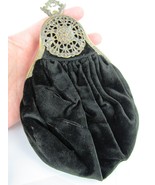 Vintage BLACK VELVET CLUTCH evening bag BRASS CLASP + MIRROR + CHANGE PURSE - £39.58 GBP