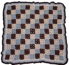 Crocheted Squares Afghan Lap Throw Blue White Brown Hand Made Vintage 43&quot; x 44&quot; - £19.48 GBP