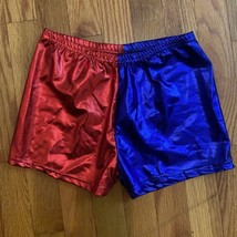 Harley Quinn Red / Blue Split Colorblock Holographic Shiny Mini Shorts - £11.59 GBP