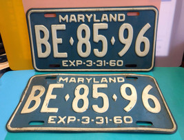 Vtg Collectible Exp 3-31-60 Maryland State Automotive License Plate Set ... - £39.78 GBP