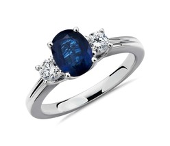 Blue Sapphire Diamond Ring Handmade Ring 9 Karat White Gold Jewelry Ring Diamond - £1,039.15 GBP
