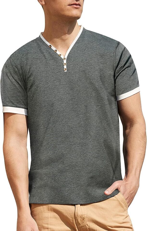 Primary image for Mens V Neck Henley T-Shirts Short Sleeve Slim Fit Casual Cotton Shirt (Size:XXL)