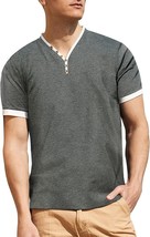 Mens V Neck Henley T-Shirts Short Sleeve Slim Fit Casual Cotton Shirt (Size:XXL) - £12.99 GBP
