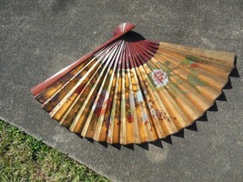 Vintage Large Signed Painted Paper Fan Bamboo 20 Inch Cherry Blossoms an... - $59.40
