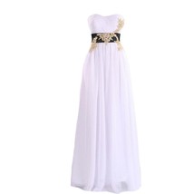 Kivary White Long A Line Formal Prom Evening Dresses with Black Sash Gold Beadin - £101.68 GBP