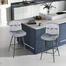 2 Pieces 29 Inch Velvet Bar Stools Set with Tufted Back and Footrests-Gray - Co - £125.46 GBP