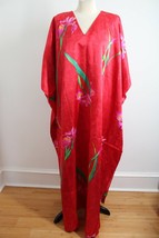 Vtg Winlar One Size Red Floral Orchid Satin Muumuu Caftan Robe Maxi Dress - £37.20 GBP