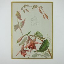 Victorian Greeting Card Easter Red Fuchsia Flower Green Leaves Gold Edge Antique - £6.26 GBP