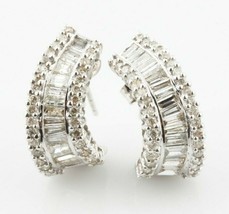 Unique 14k White Gold Baguette and Round Diamond Swoop Stud Earrings 1.5... - $1,543.60