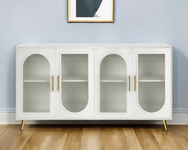 60&quot; White Ribbed Texture Wood And Glass Sideboard with Four Doors - $20,374.92 MXN