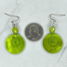 Silver Tone Green Shell Seashell Beaded Dangle Earrings Pierced Pair - £5.53 GBP