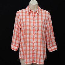 Foxcroft Women&#39;s Shaped Fit Shirt 8 Plaid Button Front Coral White Textu... - £18.22 GBP