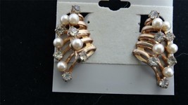 Nice Vintage Clip Back Faux Pearls and Rhinestone Goldtone Earrings - $14.00