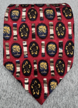 Red Silk Necktie Tree Medallion Print Navy Gold Classic Mens Tie - $16.82
