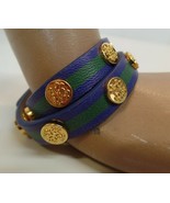 RUSTIC CUFF DOUBLE WRAP LEATHER BRACELET GOLDTONE ACCENTS BLUE/GREEN - £17.13 GBP