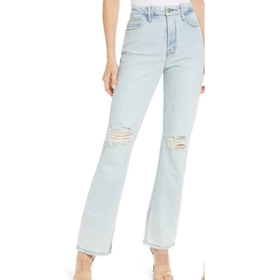 Good American Good Boy Distressed High-Waist Stretch Straight Jeans size... - $52.99
