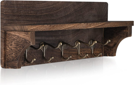 Wood Coat Rack Shelf, 5 Dual Metal Hooks, Rustic Wall-Mounted Storage for Entryw - £17.92 GBP