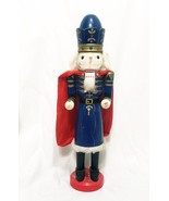 Nutcracker Figurine Christmas 20&quot; Wooden Blue Red Cape Missing Nose Vintage - £27.09 GBP