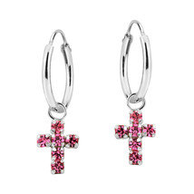 Charming Dangle Pink CZ Cross Hoop Sterling Silver Earrings - £9.72 GBP
