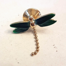 VTG Avon Dragonfly Tie Tack Pin 1&quot; Gold Plated Green Enamel BROOCH - £7.86 GBP