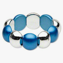 Silver and Matte Blue Acrylic Stretch Bracelet 7.5in, half round circles women - £7.98 GBP