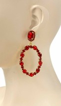 Vivid Red Acrylic Crystals Medium Oval Hoop Earrings Classic Costume Jewelry - $17.58